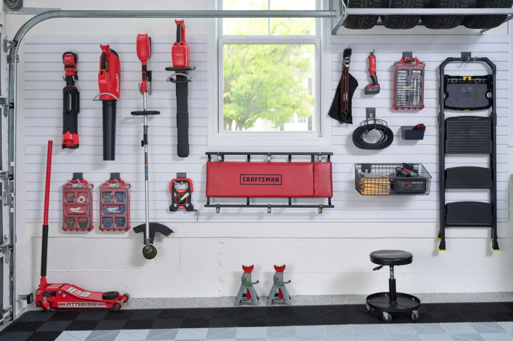Slat Wall Holding a variety of items from power tools to ladders.