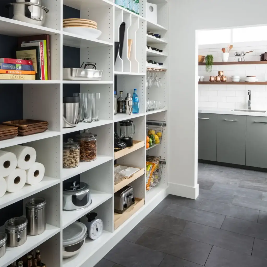 Custom white shelving in modern kitchen with neatly organized kitchen essentials and food.