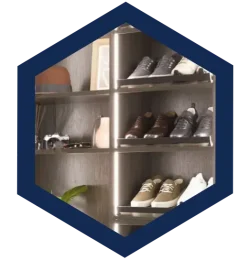 A hexagonal icon representing closet storage solutions featuring an image of shoe storage.